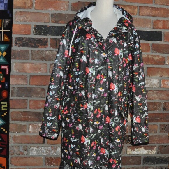 ONLY anno 1995 Waterproof Raincoat Black & Multi Color Floral Raincoat Hooded M - Picture 1 of 13
